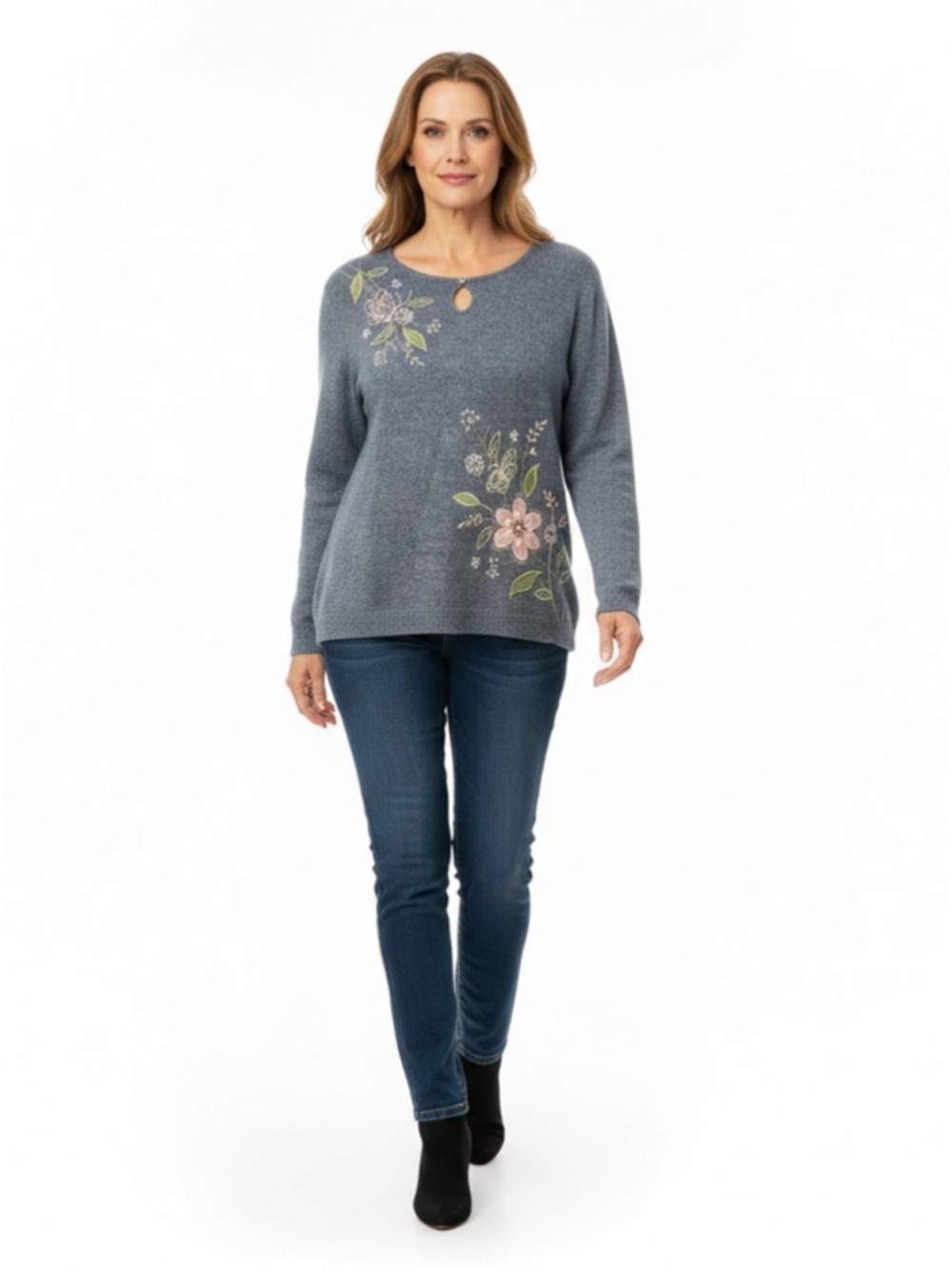 Alfred Dunner Blue Floral Embroidered Crew Neck Sweater L
